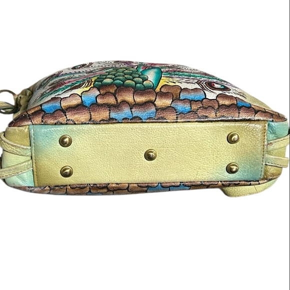 Magnifique Hand Painted Peacock Leather Crossbody Bag with Side Braid Accent - Picture 9 of 13